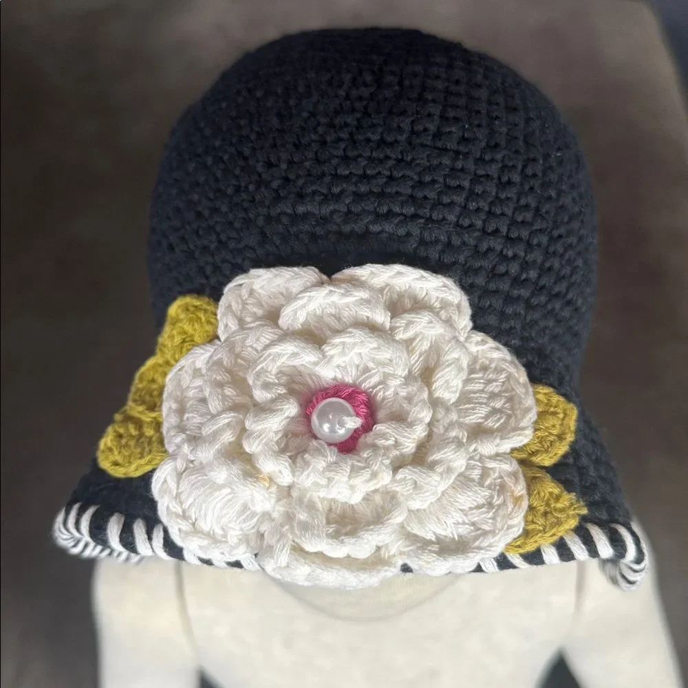 Daisy Baby Black Crocheted Sun Hat Layered Flower 100% Cotton 2-8 years NEW
